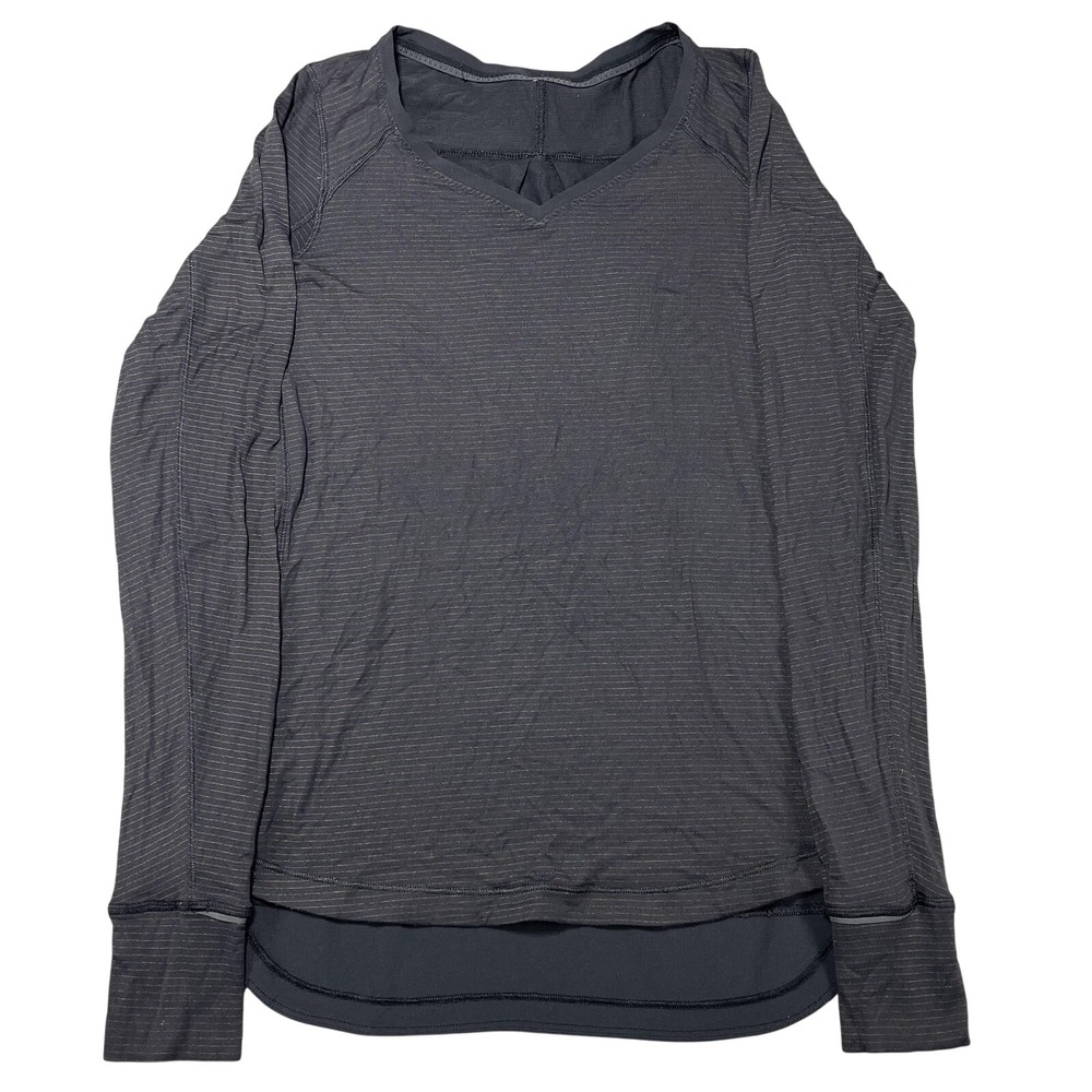 Lululemon Shirt Womens Small Gray V Neck Long Sleeve Stripe Hem Yoga Running Gym